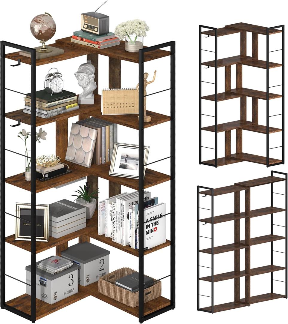 5 Tier L Shaped Bookshelf Wood Bookcase with 2 Hooks Modern Corner Bookshelf Library Industrial Shelving Book Case Adjustable Book Shelves for Bedroom Living Room Home Office Rustic Brown (5 Tier)