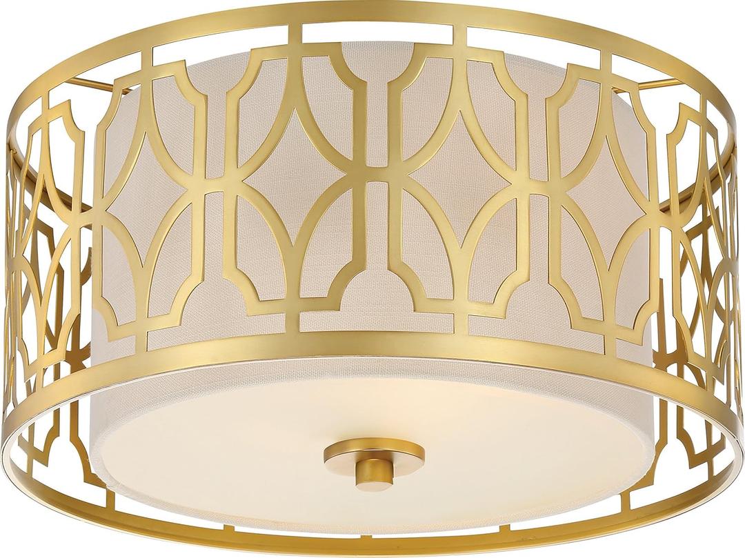Nuvo 60/5931 45923659317 Two Light Flush Mount, 2, Natural Brass/Beige Linen Fabric Shade