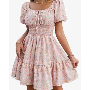 Floerns Women's Boho Square Neck Puff Short Sleeve Self Tie Front A Line Dress Size S