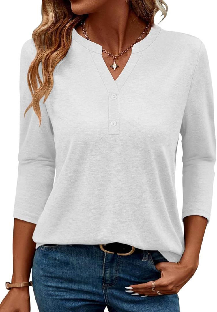 TICTICMIMI Women's V Neck 3/4 Sleeve Tops Button Down Casual T Shirts Basic Loose Fit Tunic Blouse (XXL)