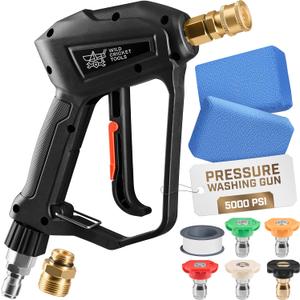 Pressure Washer Gun | High-Performance, Up to 5,000 PSI Car Wash Gun w/ 5 Nozzles for Stone, Brick, Metal, Wood, Glass | Stubby Pressure Washer Handle w/ 2 Adapters, 2 Sponges, Teflon Tape