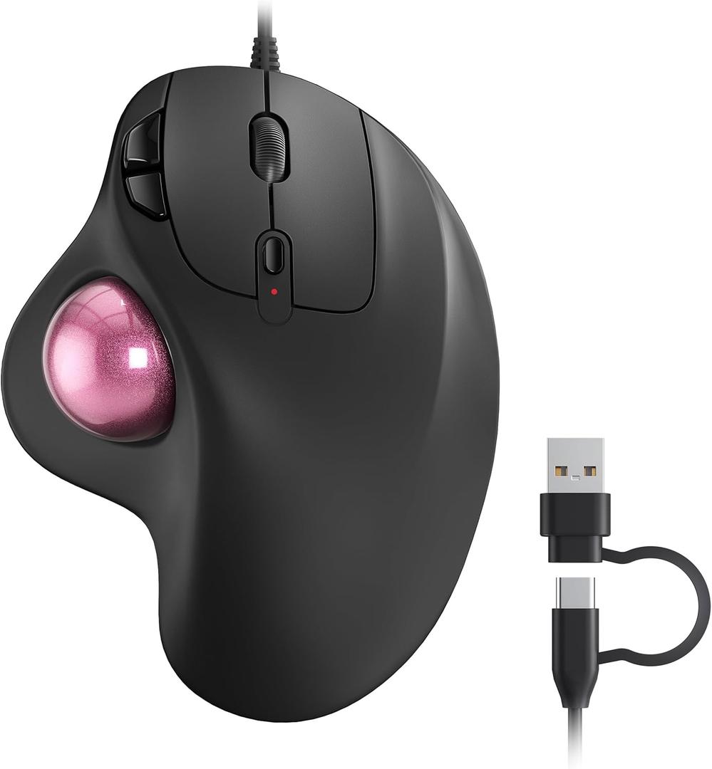 Nulea M509 Trackball Mouse Wired, Ergonomic Design, Easy Thumb Control, Precise & Smooth Tracking, 2-in-1 Interface (Type A &Type C), Compatible for PC, Laptop, Mac, Windows(Pink)