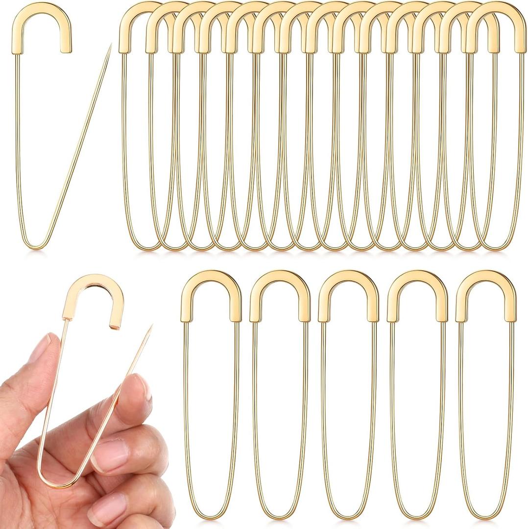 20 PCS 3 Inch Large Safety Pins Iron Brooch Safetys Pin Bulk Extra Large Heavy Duty Safetys Pin Decorative Safety Pins for Clothes, Leather, Canvas, Blankets, Crafts, Skirts-Gold