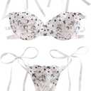 Lilosy Sexy Tie Side Embroidered Underwire Push Up Cute Strappy Mesh Sheer Bachelorette Lingerie Set (Small, Flower White)