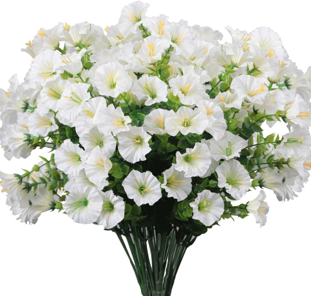 10 Bundles Artificial Morning Glory,Fake Artificial Greenery UV Resistant No Fade Faux Plastic Flower for Wedding Bridal Bouquet Indoor Outdoor Home Garden Kitchen Office Table Vase(White)