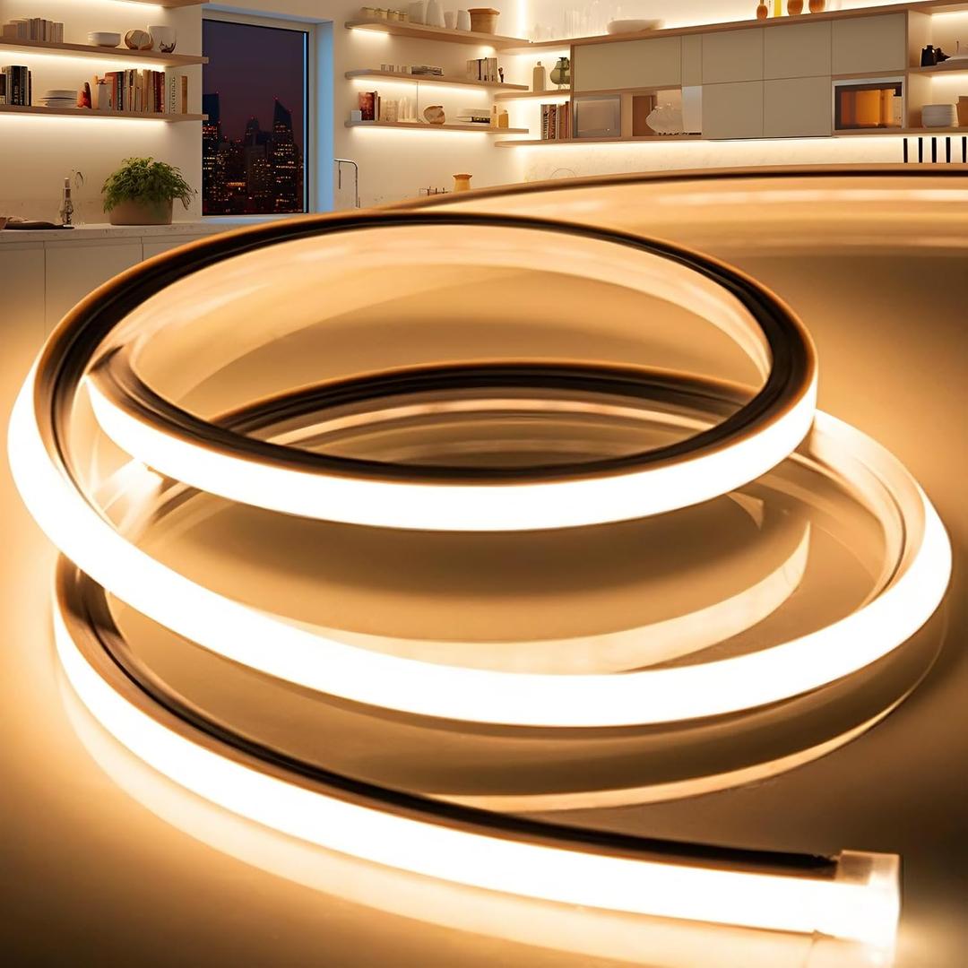 LED Strip Lights Warm White 3000K,16.4ft 110-120V Neon Rope Lights,Flexible Silicone Outdoor Waterproof Neon Strip Lights for Bedroom,Mirror,Kitchen Cabinet, Living Room,Halloween Decor