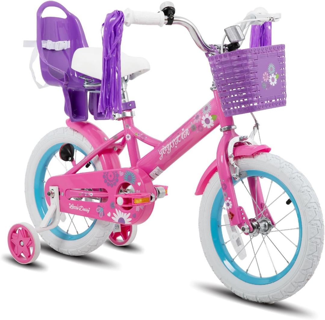 JOYSTAR Little Daisy Kids Bike for Girls Boys Ages 2-7 Years, 12 14 16 Inch Girls Bikes with Doll Bike Seat & Streamers, Boys Bike with Flag & Number Plate, Multiple Colors, 14 Inch with Training Wheels