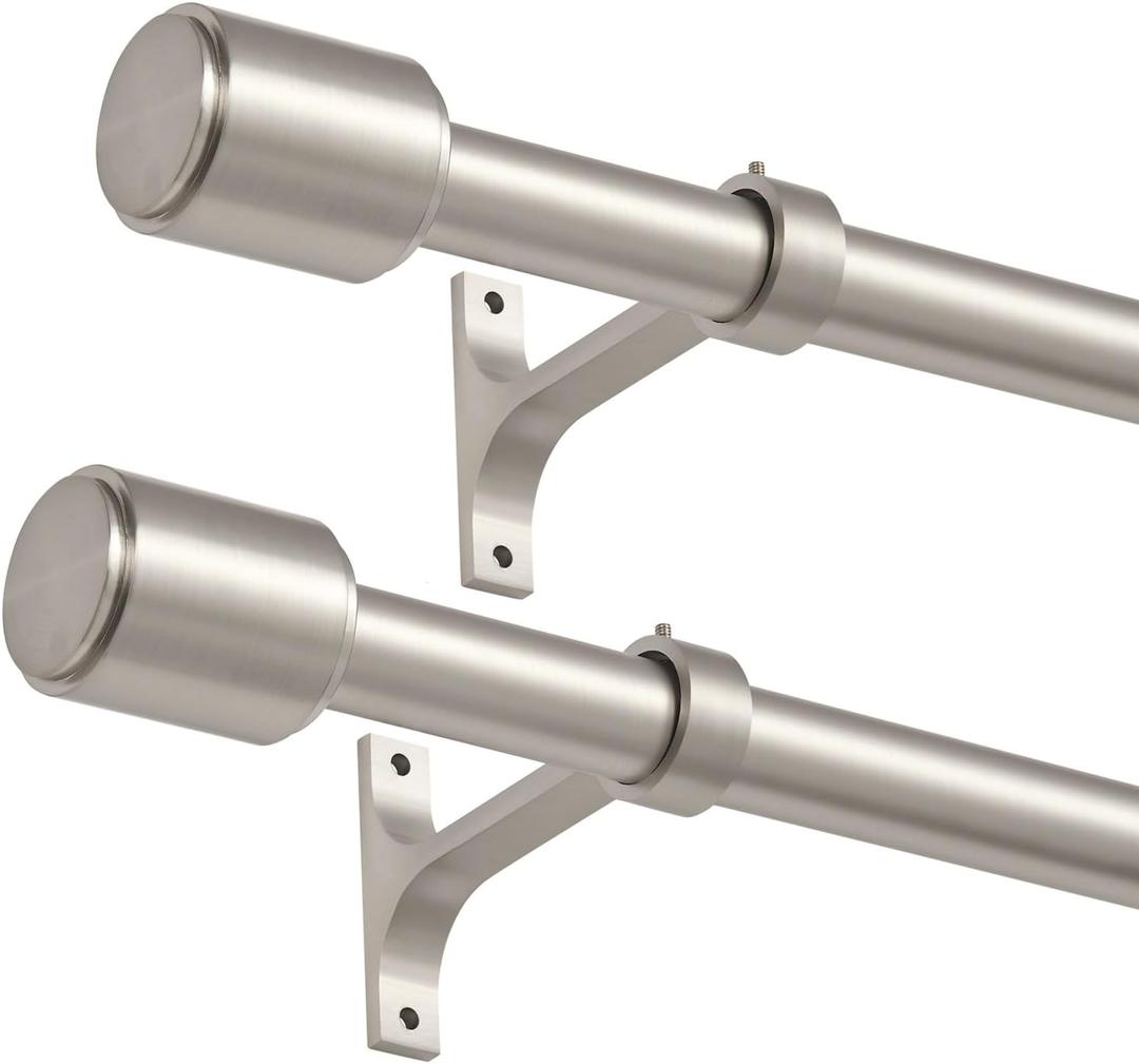 Brushed Nickel Curtain Rods for Window 36 to 72 Inch, 2 Pack Drapery Rods, Adjustable Heavy Duty 1-Inch Thicken Window Treatment Rods with Cap Finials