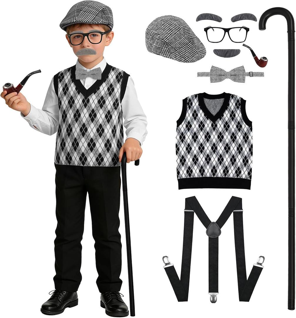 nezababy Kids 100 Days of School Costume for Boys, Old Man Costume Accessories for Kids Boys with Grandpa Vest Hat Dress Up Outfit (Large/ 10-12Y)