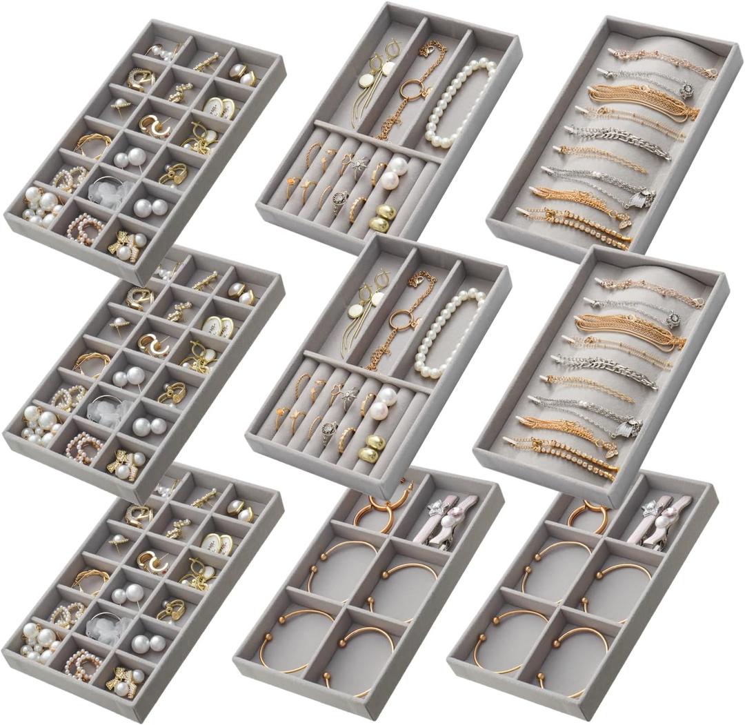 Jewelry Trays Organizer for Drawer, 9 Set of Small Jewelry Display Case Storage Velvet Stackable Drawer Inserts Organizer for Necklaces Bracelets Earrings Rings (Grey)