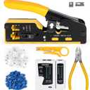 Wakhow RJ45 Crimp Tool Kit, Ethernet Pass Through Crimper, Network Cat5 Cat6 Cat7 Crimping Tool Repair Kit Includes Cable Tester, Mini Stripper, Blades, 50Pcs Connectors and Strain Relief Boots