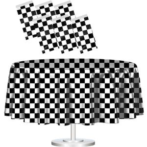 HEIPINIUYE 6 Pack Black and White Checkered Round Tablecloth 84 84 Inch Checkered Flag Table Cover Round Disposable Tablecloth for Tables Birthday Picnic Race Car Party Plastic Table Cloth