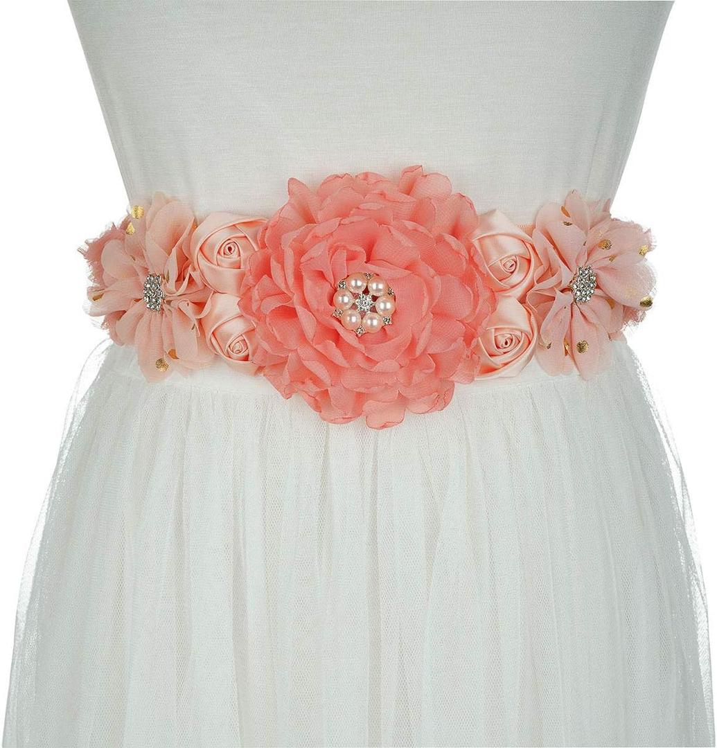 Elegant Floral Maternity Sash for Women Crystal Pearls Baby Shower Wedding Party Flower Girls Belts, Peach
