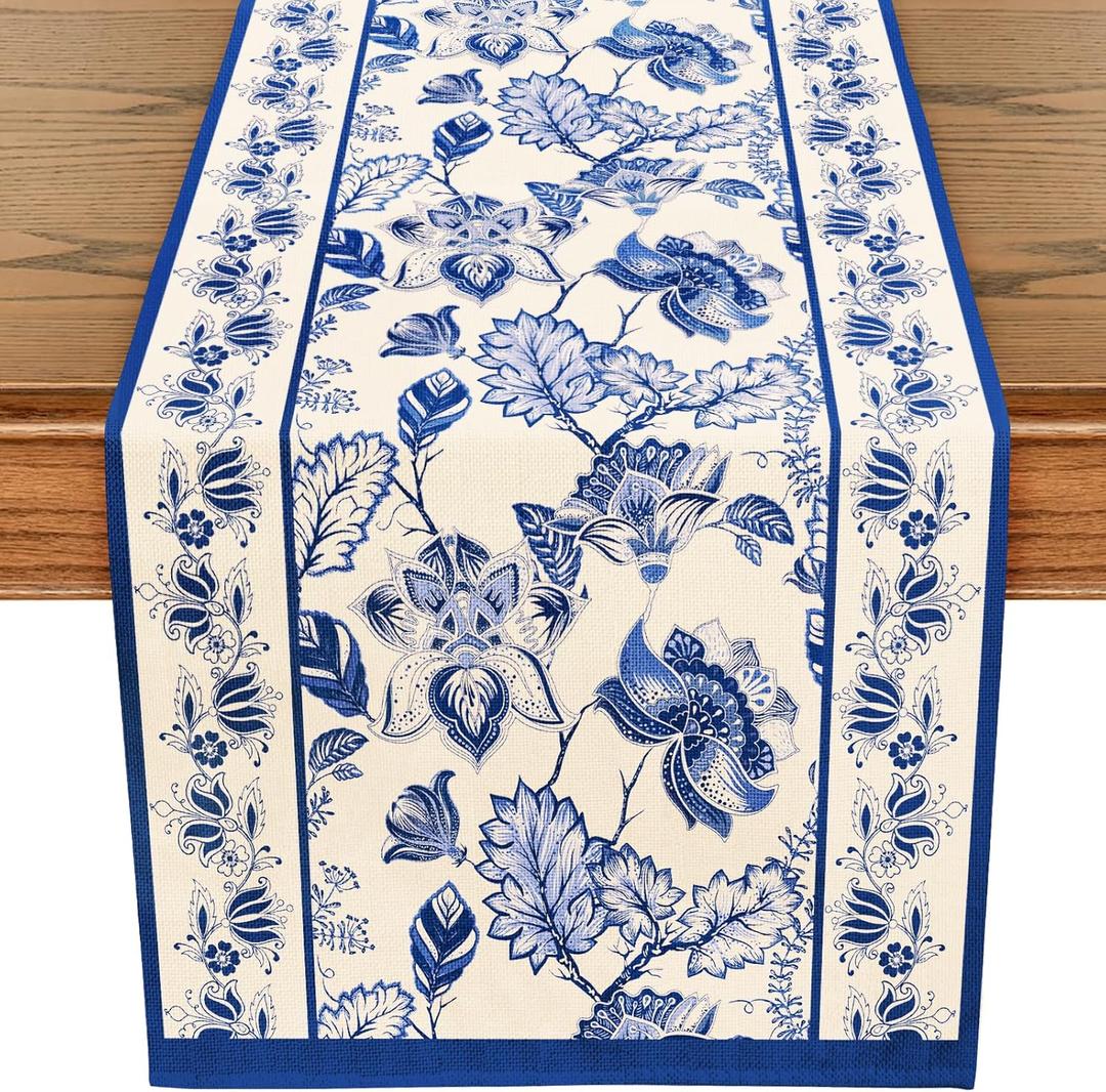 WRAPAHOLIC Blue Floral Table Runner - 13 x 72 Inch - Seasonal Spring Summer Farmhouse Indoor Kitchen Anniversary Wedding Dining Table Decorations for Home Party