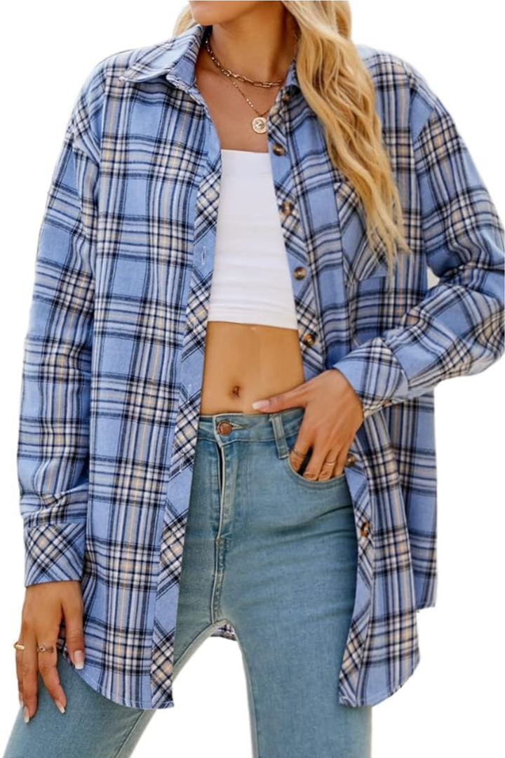 CHYRII Womens Button Down Flannel Shirts Long Sleeve Plaid Shackets Business Casual Blouse Top L