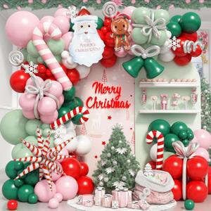 Froova Christmas Balloons Garland Arch Kit Xmas Pink Red Pastel Green Balloon Candy Cane Balloon Explosion Star Santa Gingerbread Balloons for Pink Christmas Pastel Baby Shower Holiday Party Decor