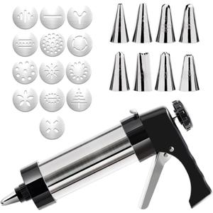 FANTEXY Stainless Steel Spritz Cookie Press Set, 13 Cookie Discs and 8 Piping Tips for Baking and Decorating