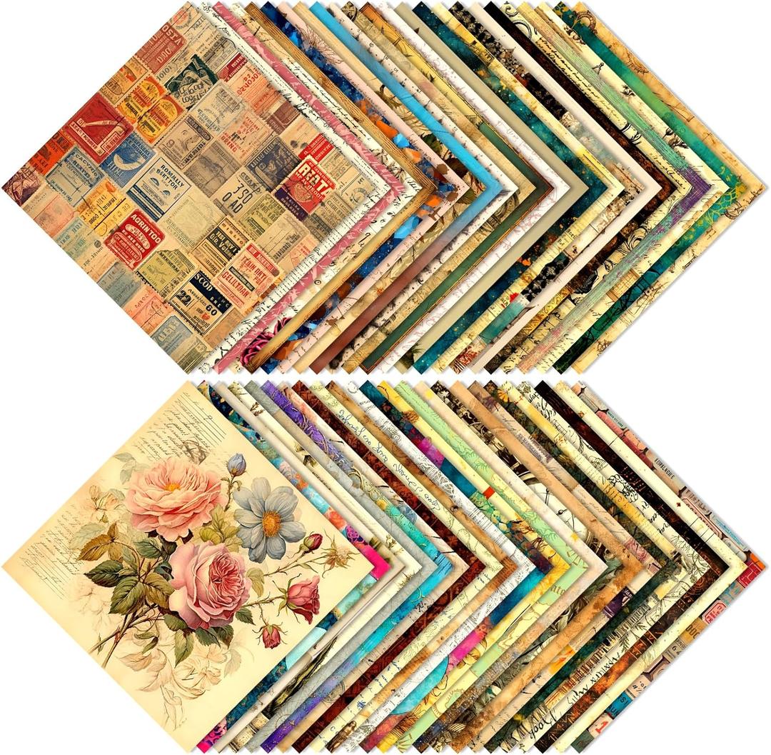 48Pcs Vintage Pattern Scrapbook Paper 15*15cm Premium Specialty Craft Paper Folded Flat for DIY Background Card Making Scrapbook Photo Album Decor