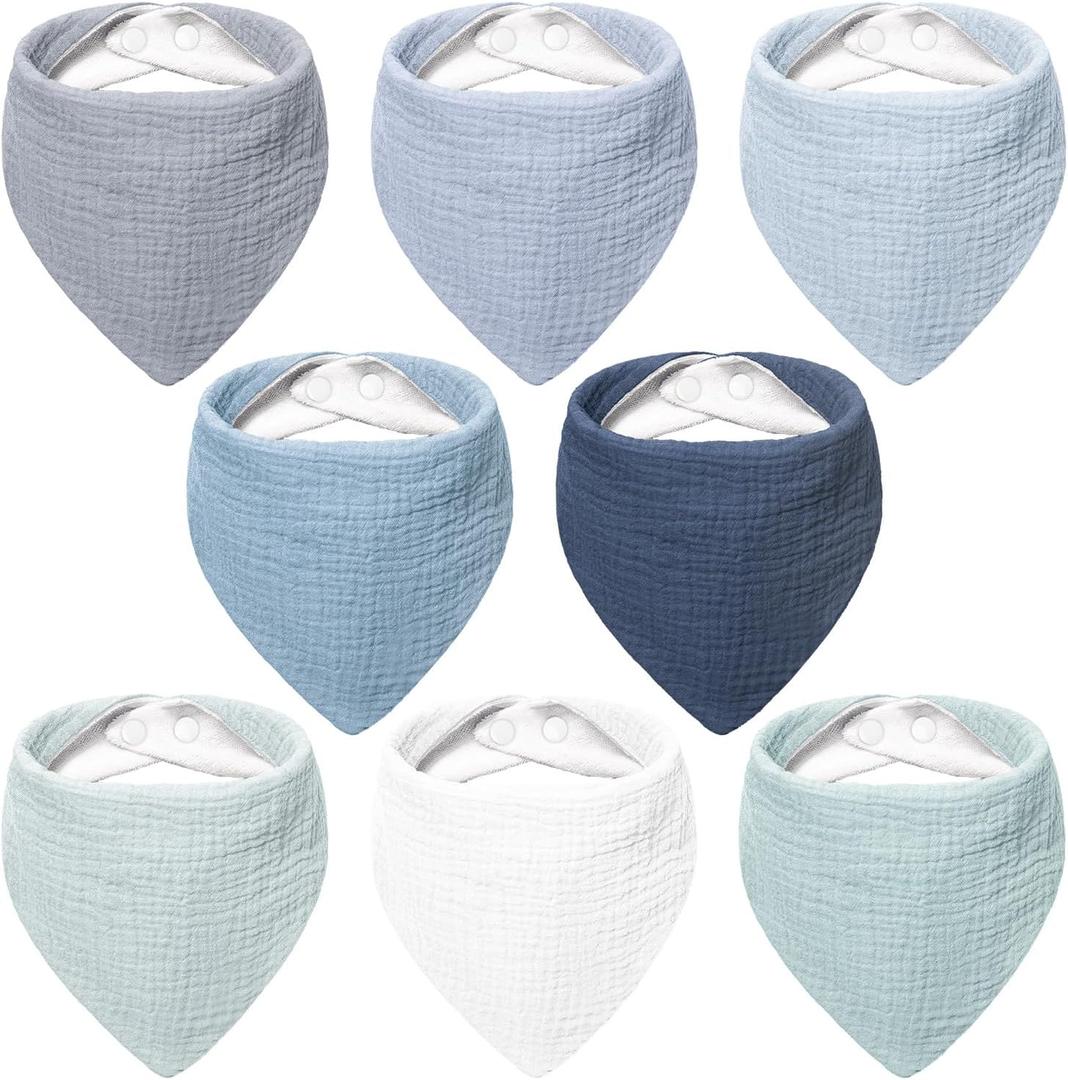 Bearmoss Muslin Baby Bibs 8 Pack Soft Bandana Bibs for Drooling & Teething, Absorbent Burp Cloths with Adjustable Snaps (Mint Iceberg)