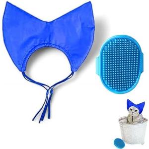 Cat Shower Cap and Bath Brush set, Cat Ear Cover and Grooming Bathing Brush for Cats Puppy Small Dogs, Cat Ear Protection Stuff, Small Dog Cat Bathing Supplies, Pet Accessories (Blue)