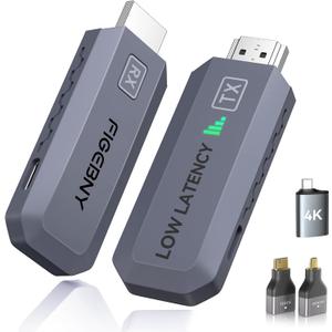 FIGEBNY Wireless HDMI Transmitter and Receiver 4K Decode 1080P Output Ultra Low Latency,Plug&Play 2.4G/5G Portable Extender, 165FT HD Display Adapter for TV Box/PC/Laptop/Projector/DV/Camera Grey