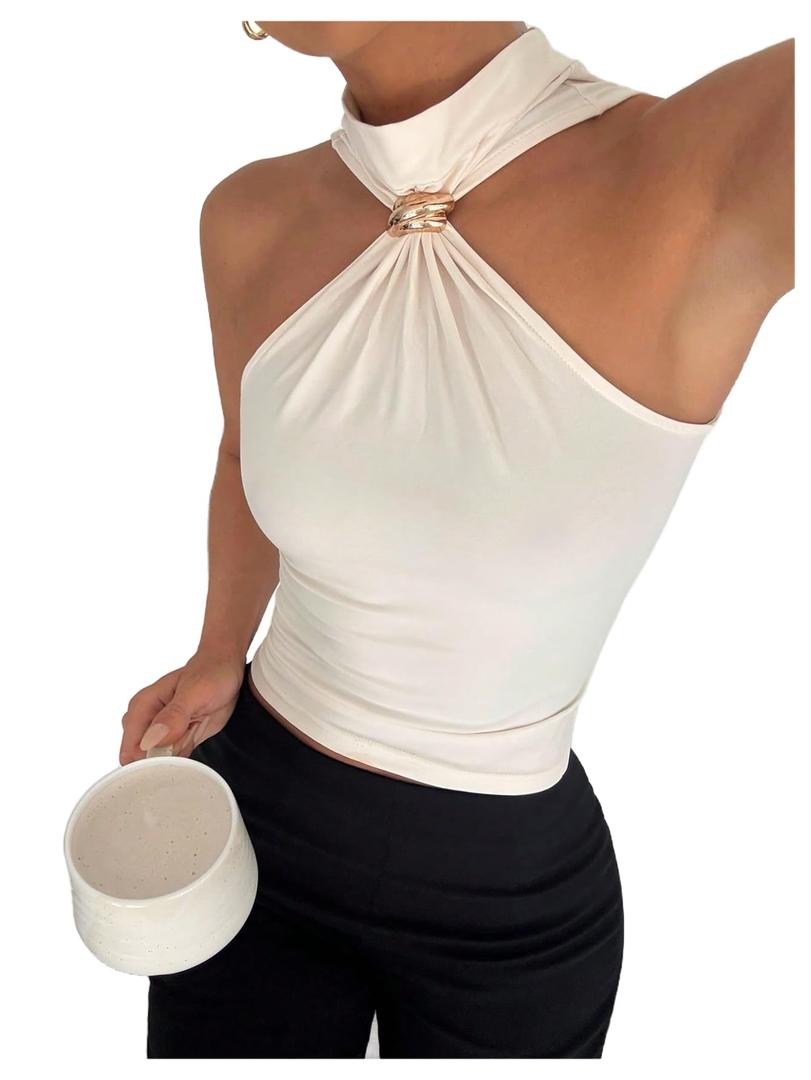 Milumia Women's Metal Halter Mock Neck Ruched Tank Top Sleeveless Slim Fit Going Out Tops M