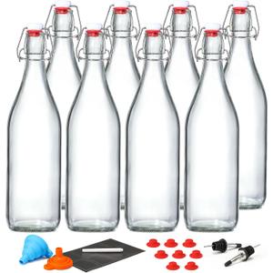 8 Pack [1 L / 33 fl. oz.] Swing Top Glass Bottles w/ Airtight Stopper Lids  Flip Top Brewing Bottle for Fermentation, Kombucha, Mead, Vinegar, Beer, Kefir, Wine, Soda  With 8 Extra Seals & 2 Pourers