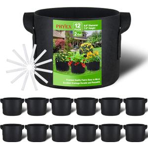 PHYEX 12-Pack 2 Gallon Grow Bags, Heavy Duty Fabric Pots with Handles, Reusable Plant Bags for Vegetable, Herbs & Flowers, BPA-Free, Breathable, Durable