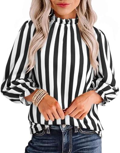 Avanova Women Polka Dot Long Sleeve Blouse Shirts Work Mock Neck Ruffle Top M