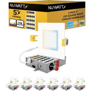 NUWATT 4 Inch Square Wafer LED Recessed Lights, 5 CCT Selectable 2700K/3000K/3500K/4000K/5000K, 630 Lumens Dimmable, Wet & IC Rated Downlight, 4" Canless Square Recessed Lighting, Metal J-Box, 5 Pack