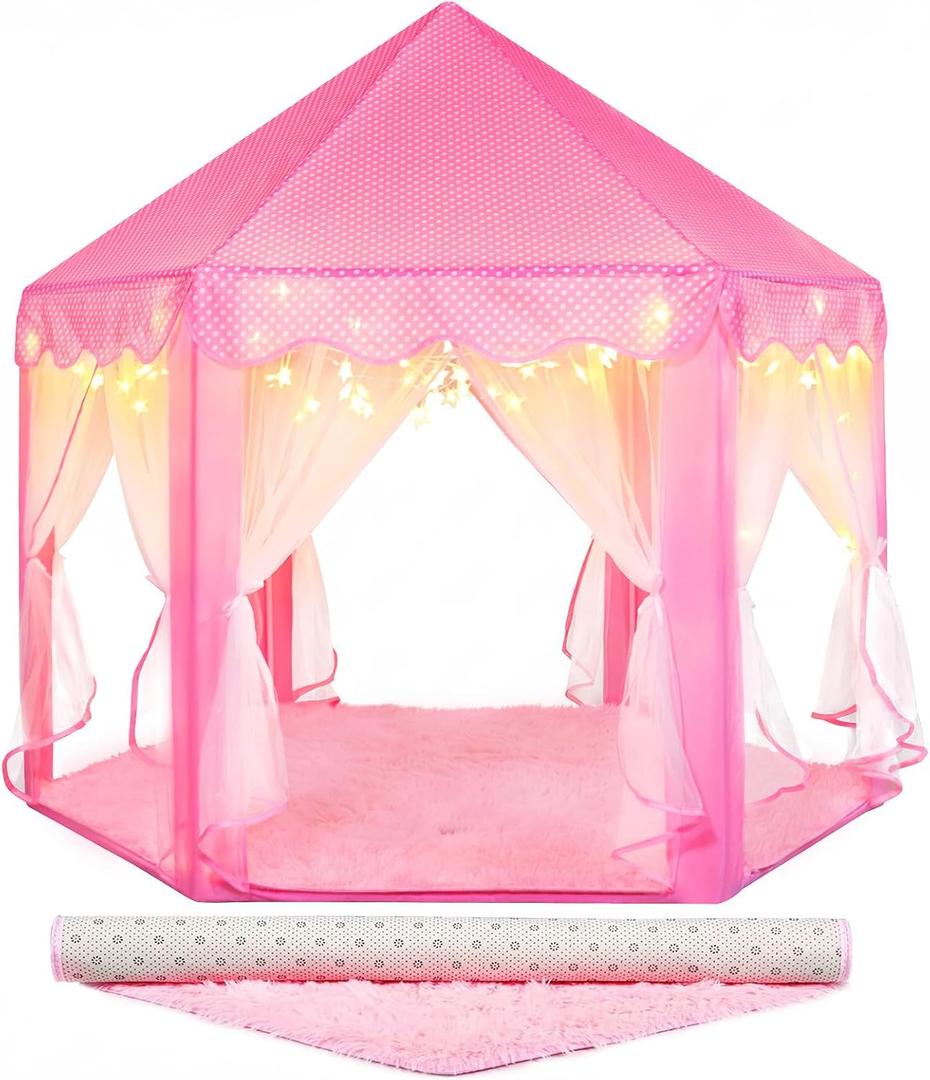 Princess Tent for Girls Indoor: with Rug, Star Lights - Pink Play Tent for Kids, Girls Toys for Indoor and Outdoor Games, Princess Castle Playhouse, 48x52"/ Rug, Little Star Lights