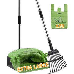 Toozey Unbreakable Dog Pooper Scooper with Extra Large Stainless Metal Poop Tray & 43.31" Long Handle Rake Scoop, Easy Waste Cleanup for Large, Medium, Small Dogs with 20 Bags