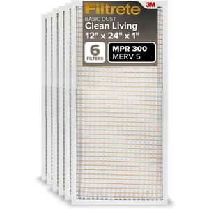 Filtrete 12x24x1 AC Furnace Air Filter, MERV 5, MPR 300, Capture Unwanted Particles, 3-Month Pleated 1-Inch Electrostatic Air Cleaning Filter, 6-Pack (Actual Size11.69x23.69x0.81 in) (12 x 24 x 1)