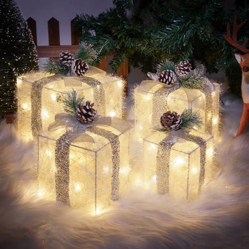 COVFEVER Set of 4 Christmas Lighted Gift Boxes, Pre-lit Light up Present Set with Different Sizes for Holiday Indoor Outdoor Decorations - Battery Operated(Warm White)