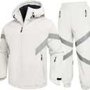 GEMYSE Men's Ski Suit Waterproof Snow Suit Winter snowboard Jacket and Pants Set Hooded ski outfits with Reflective Trim (Large, White)