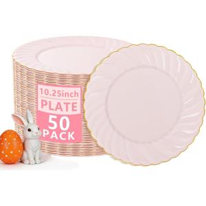 YOUBET 50 Pack Pink Scalloped Plastic Plates - 10.25 Inch Pink Disposable Plates - High End Elegant Vintage Dinner Plate for Party & Weeding & Birthday Easter Mothers Day