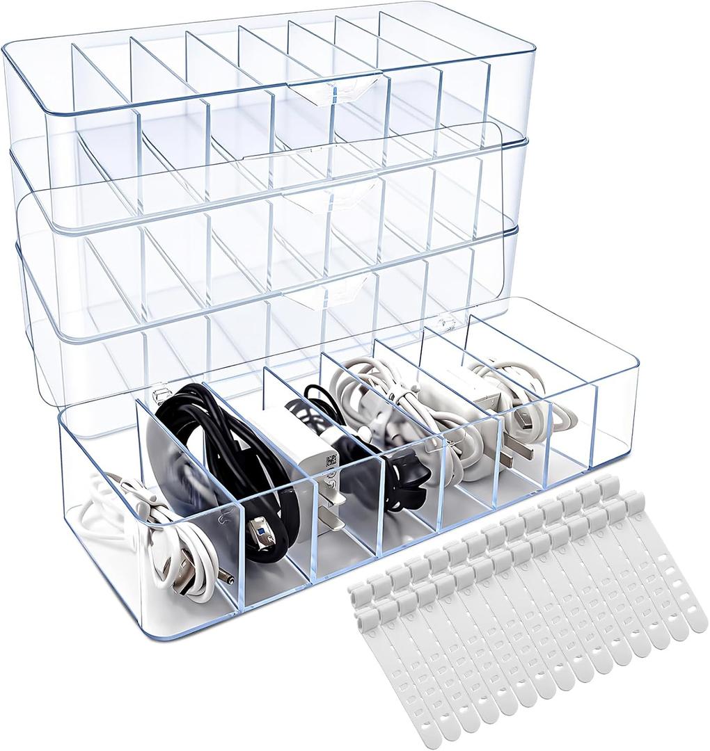 Cheardia 4 Pack Cable Storage Organizer, 10 In Plastic Cord Storage Box with 30 Wire Ties, Clear Charger Organizer with Lid for Office Home Desk Accessories