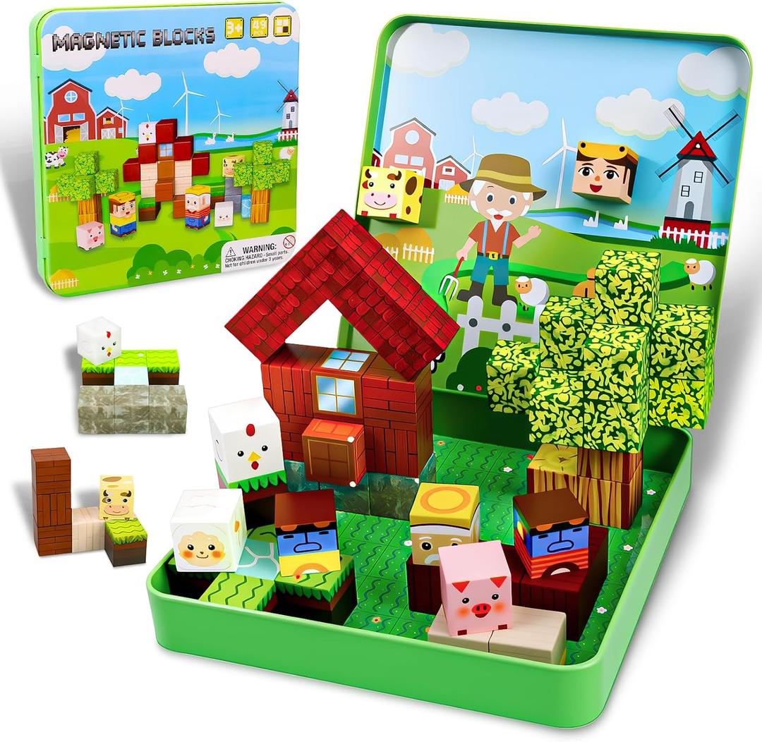 Magnetic Blocks,49PCS Magnetic Cubes Portable Magnetic Building Blocks with Metal Storage Box, Travel Toys Magnetic Tiles for Kids 3+,Sensory Toys for Kids with Autism