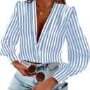 Women's Business Casual Tops Summer Long Sleeve Button Down Shirts V Neck Chiffon Blouses (Blue, S)