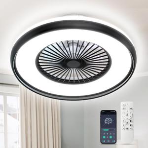 Bladeless Ceiling Fan with Light, 24'' Low Profile Ceiling Fan, Remote & APP Control, 2700-6500K Dimmable Brightness, 6 Wind Speeds Flush Mount LED Fan Light for Bedroom, Kids Room