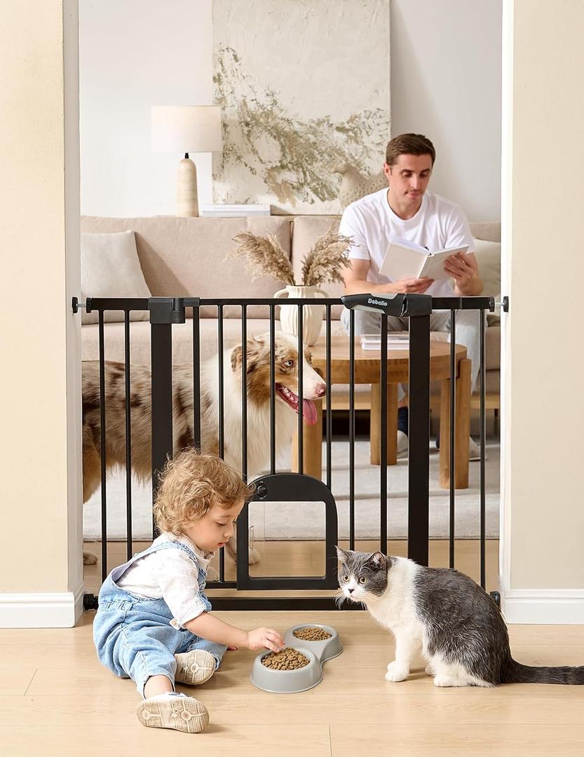 Babelio Upgraded Baby Gate with Cat Door, 29-43" Auto Close Durable Dog Gate for Stairs, Doorways and House, Easy Walk Thru Safety Gate with Pet Door Includes 4 Wall Cups, Black (29-43" Wide, 30" Tall)