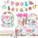 Pool Birthday Party Decoration,142Pcs Pool Party Tableware Plates,Napkins,Tablecloth Summer Flamingo Theme Table Decoration for Beach Birthday,Baby Shower Party