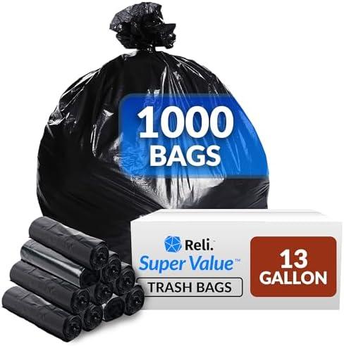 Reli. 13 Gallon Trash Bags | 1000 Bags | Black | Tall Kitchen | Strong | Garbage