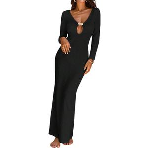 GORGLITTER Women's Crochet Long Swimsuit Cover Up Dress Metal Long Sleeve Beach Bikini Bathing Suit Coverups Swimwear (Medium, Black)