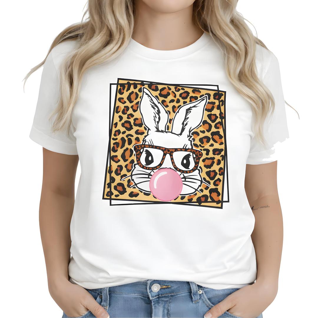 Cute Easter Bunny T-Shirt for Women - Funny Leopard Glasses Rabbit Graphic Tee, Sassy Bubblegum Spring Holiday Top