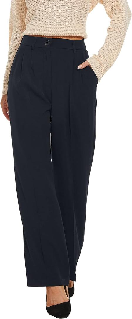 FUNYYZO Wide Leg Pants Women's High Elastic Waisted in The Back Business Work Trousers Long Straight Suit Pants (006# Royal Blue, Thick, Medium Short)