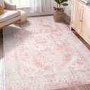 5x7 Washable Pink Area Rug, Upgraded Denser Surface Vintage Rugs, Honeycomb NonSlip Backing Living Room Rug, Easy Care Foldable Rugs for Living Room Bedroom Kitchen Dinning Room Home Office
