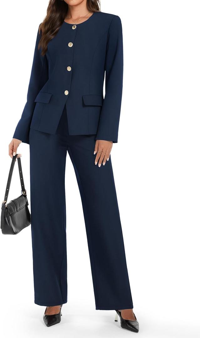 Casly Lamiit Women's 2 Piece Business Casual Outfits Crew Neck Button Down Blazer Wide Leg Dressy Pants Suit Sets, XL