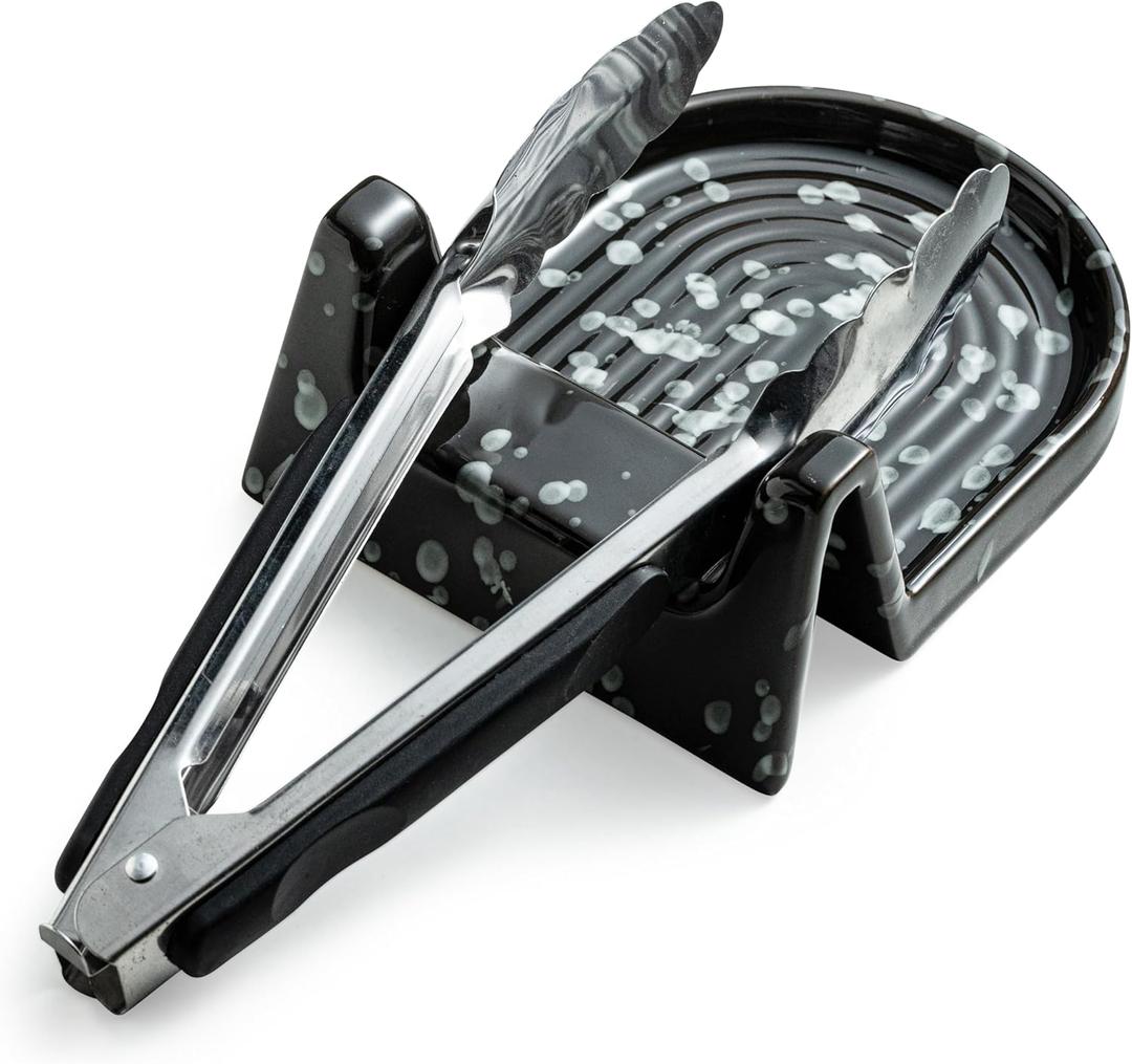 Ceramic Spoon Rest for Countertop Heat-Resistant Spoon Rest with Slot Easy for Tong and Spoon Kitchen Gadgets & Kitchen Utensils Holder, Black with White Splash