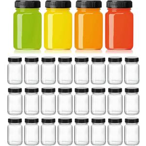 28 Pack 2oz Glass Shot Bottles with lids - Small Clear Jars for GingerWellness Shots, Juice,Whiskey - Travel mini Reusable Wide Mouth bottles- Leakproof, Dishwasher Safe.